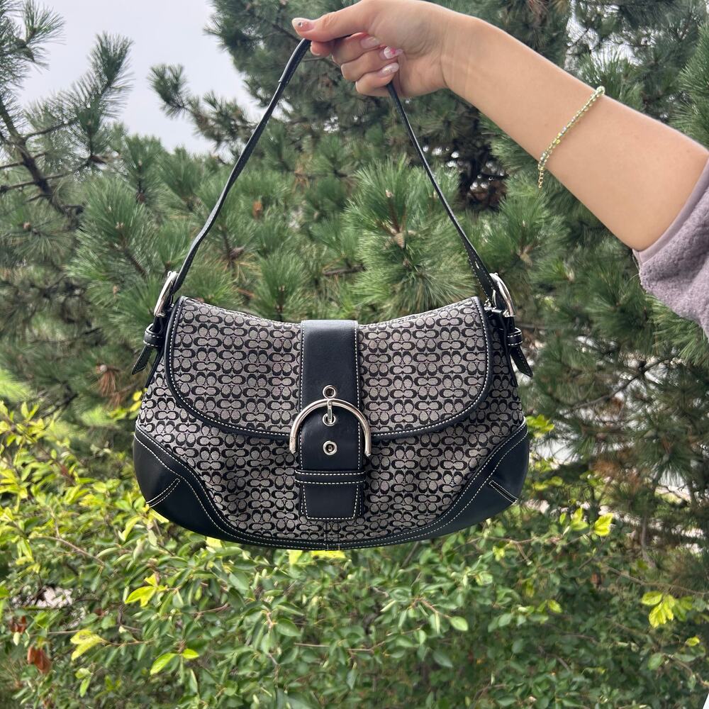 Vintage coach signature buckle shoulder bag black grey jacquard & leather trim n